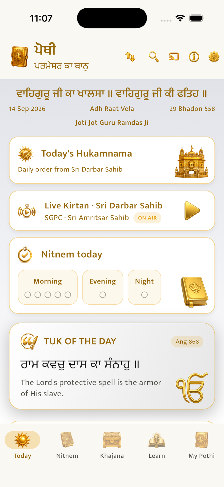 The POTHI Today screen: today's Hukamnama, live kirtan from Sri Darbar Sahib, Nitnem today and the tuk of the day